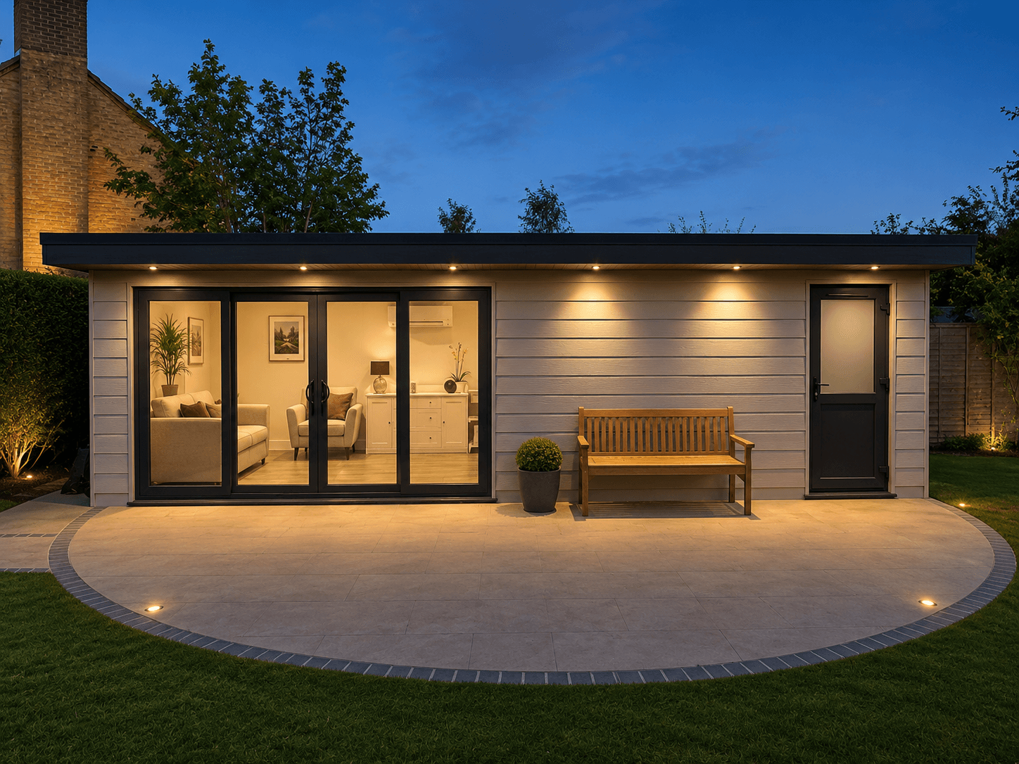 Garden office lit from inside at dusk, seen across the patio
